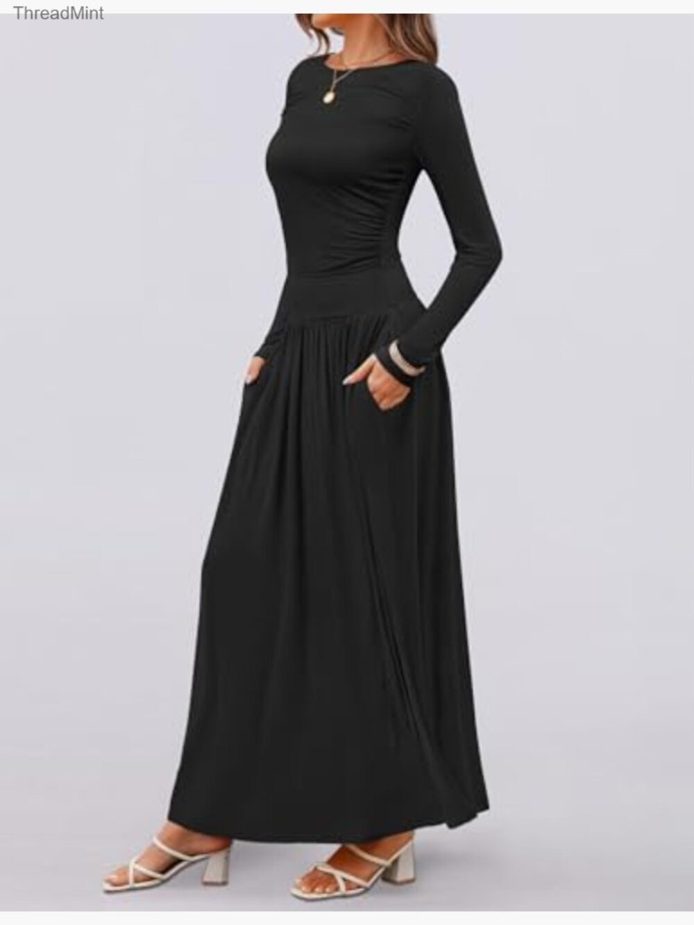 Long Sleeve Knit Maxi Dress with Pockets Swing Pleated A-Line - Picture 5 of 7